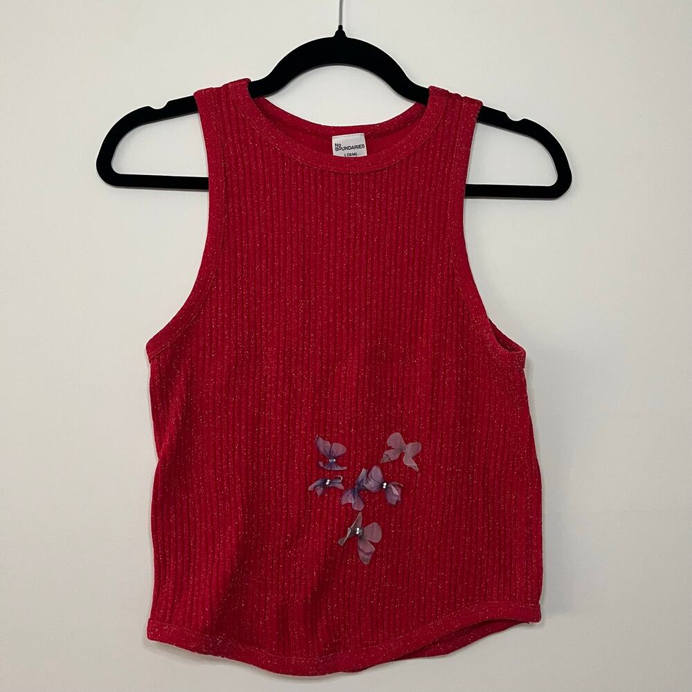 No Boundaries Shimmer Tank Top Red Metallic Glitter Butterfly Ribbed L 12 - 14